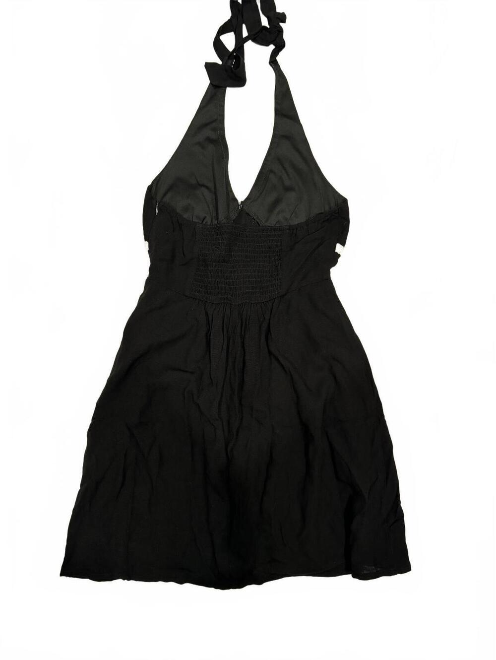 Y2K Black Halter Mini Dress Cream Crochet Lace Trim Corset Detail Medium - Picture 2 of 6